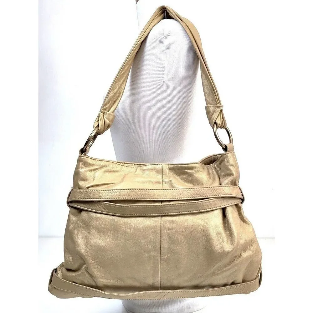 LARGE Goldenbleu GOLD GENUINE LEATHER PINK SUEDE LINED SHOULDER BAG HOBO